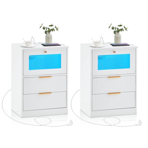 CLIPOP Nachttisch mit Ladefunktion Weiß 2er Set, Beistelltisch mit LED-Leuchten, Nachtschrank mit 3-stufiger Aufbewahrungs, Nachtschrank Schlafzimmer, modern, 45x35x65cm von CLIPOP
