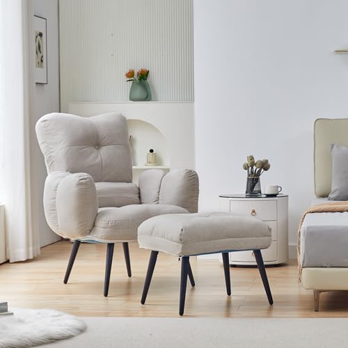 CLIPOP Ohrensessel Leinen mit Hocker, Relaxsessel mit Liegefunktion, Sessel & Ottomane, Polsterstuhl & Kissen, Fernsehsessel, TV-Sessel für Schlafzimmer, Wohnzimmer (Beige) von CLIPOP