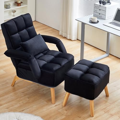 CLIPOP Relaxsessel mit Hocker Lesesessel mit Extra Dick Gepolsterter Lehnstühle Liegesessel Fernsehsessel Ohrensessel (Samt, Schwarz) von CLIPOP