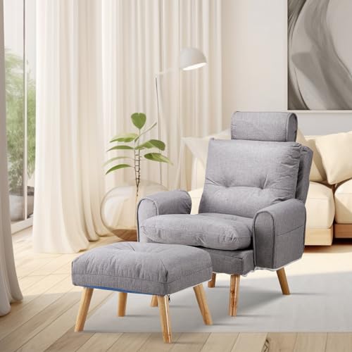CLIPOP Relaxsessel mit Hocker Verstellbarer Lesesessel Leinen mit 6 Positionen Extra Dick Gepolsterter Lehnstühle Liegesessel Fernsehsessel Ohrensessel mit Liegefunktion (Grau) von CLIPOP