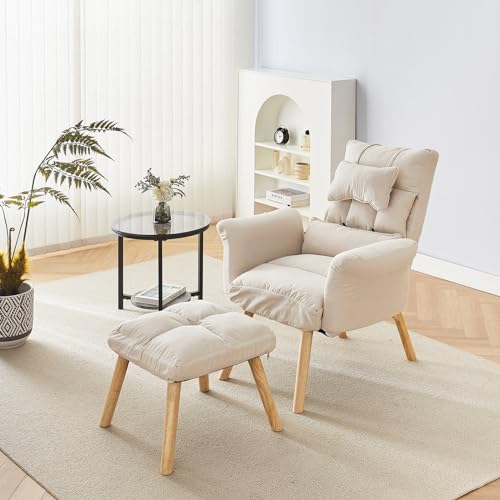 CLIPOP Relaxsessel mit Hocker Verstellbarer Lesesessel mit 6 Positionen Extra Dick Gepolsterter Lehnstühle Liegesessel Fernsehsessel Ohrensessel mit Liegefunktion (Beige) von CLIPOP