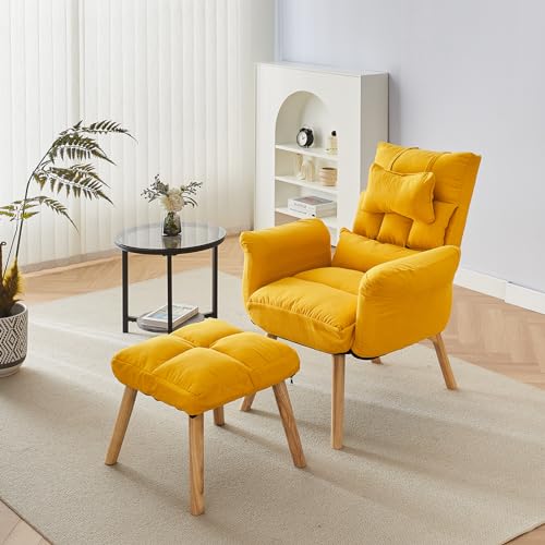 CLIPOP Relaxsessel mit Hocker Verstellbarer Lesesessel mit 6 Positionen Extra Dick Gepolsterter Lehnstühle Liegesessel Fernsehsessel Ohrensessel mit Liegefunktion (Gelb) von CLIPOP