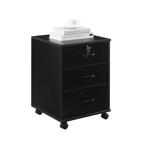 CLIPOP Rollcontainer Abschließbare mit 3 Schubladen,Mobiler Aktenschrank Büroschrank mit Rollen für A4 Papier und Aktenordner,40 x 40 x 57 cm,Schwarz von CLIPOP