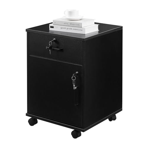 CLIPOP Rollcontainer Abschließbare mit Schublade und Geschlossenem Speicher,Mobile Aktenschrank Holz Unter Schreibtisch Schrank,40 x 40 x 54,5 cm,Schwarz von CLIPOP