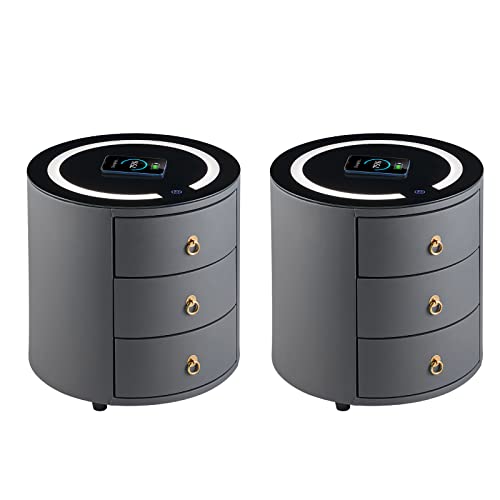 CLIPOP Rund Nachttisch 2er Set mit Kabelloser Ladestation und LED Licht,Beistelltisch Couchtisch Kunstleder Sofatisch mit 3 Schubladen und Gehärteter Glasplatte,Grau CLIPOP Rund Nachttisch 2er Set mit Kabelloser Ladestation und LED Licht,Beistelltisch Couchtisch Kunstleder Sofatisch mit 3 Schubladen und Gehärteter Glasplatte,Grau von CLIPOP