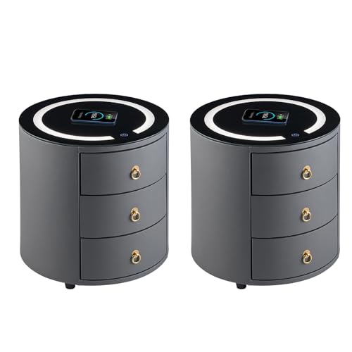 CLIPOP Rund Nachttisch 2er Set mit Kabelloser Ladestation und LED Licht,Smart Beistelltisch Couchtisch Kunstleder Sofatisch mit 3 Schubladen und Gehärteter Glasplatte,Grau CLIPOP Rund Nachttisch 2er Set mit Kabelloser Ladestation und LED Licht,Smart Beistelltisch Couchtisch Kunstleder Sofatisch mit 3 Schubladen und Gehärteter Glasplatte,Grau von CLIPOP