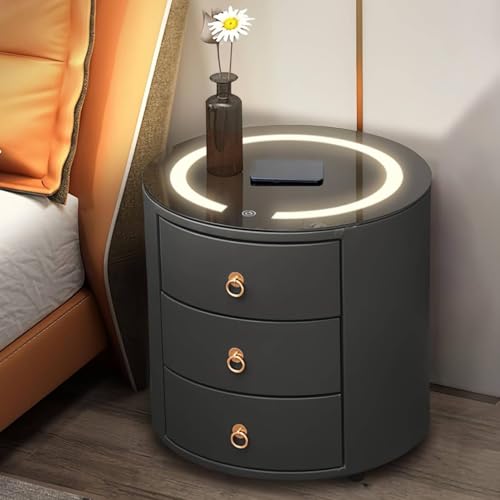 CLIPOP Rund Nachttisch mit Ladestation und LED Licht Intelligenter Beistelltisch Couchtisch Kunstleder Sofatisch mit 3 Schubladen und Gehärteter Glasplatte Grau von CLIPOP