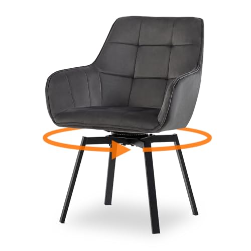 CLIPOP Samt Esszimmerstühle Drehbar Set,Gepolstert Samt Küchenstuhl mit Armlehne Polsterstuhl Bequem Sitz Drehstuhl für Esszimmer Wohnzimmer Büro (1 Stück, Samt Dunkelgrau) von CLIPOP