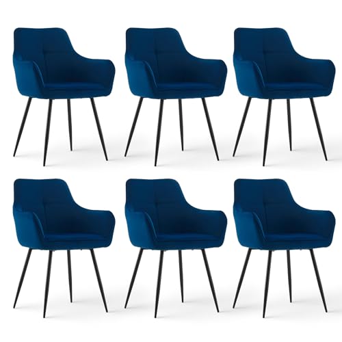 CLIPOP Samt Küchenstühle, Esszimmerstühle Polsterstuhl Esszimmer Stuhl, Sitzfläche mit Rückenlehne und Metallbeine (Samt Blau, 6er Set) von CLIPOP