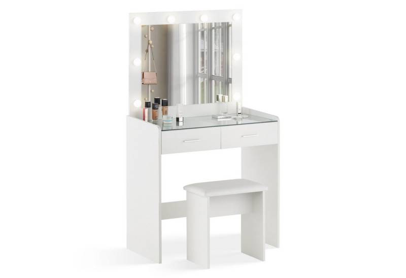 Ofcasa Schminktisch 80x33x140cm Frisiertisch (Tablett mit Ständer), 2 Schubladen Schminktisch Inkl. LED-Leuchte, Glas-Tischplatte Anrichte von Ofcasa