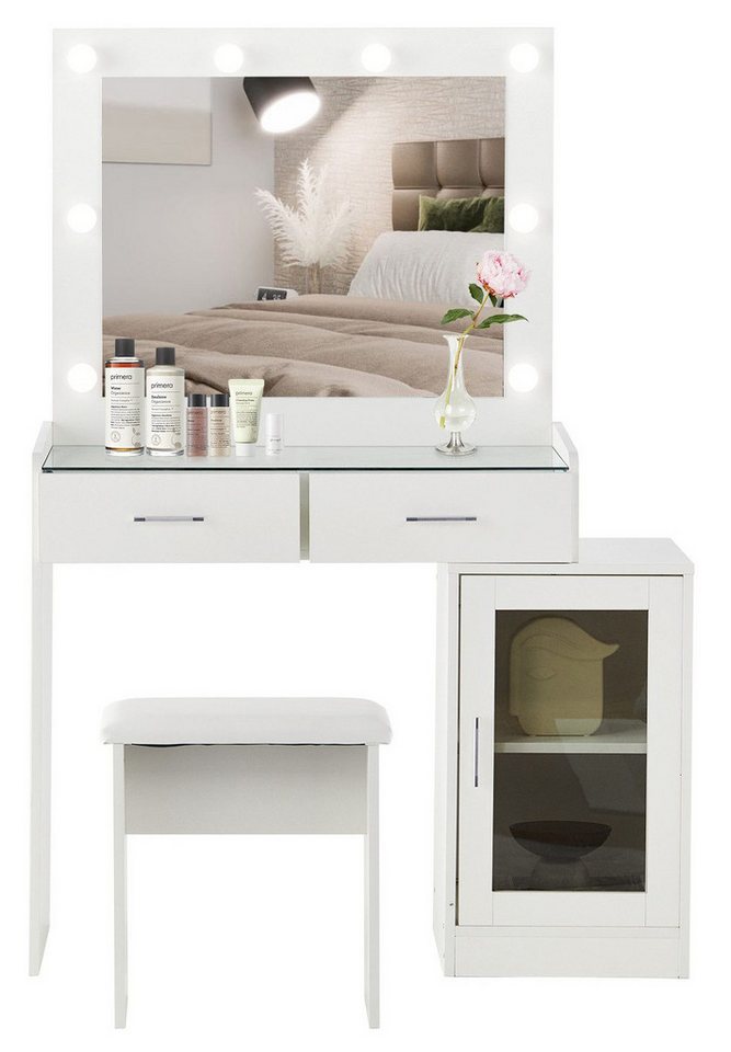 Ofcasa Schminktisch Frisierkommode Set (Tablett mit Ständer), Tischplatte aus Glas, 2 Schubladen Dresser mit Cabinet von Ofcasa