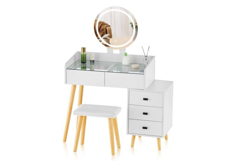 Ofcasa Schminktisch Frisiertisch mit LED Beleuchtung, Tischplatte aus Glas, Kosmetiktisch Set mit 5 Schubladen von Ofcasa