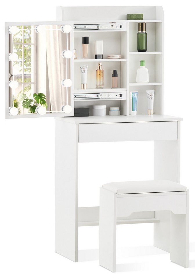 Ofcasa Schminktisch Kosmetiktisch mit Spiegel und Hocker (2 Pakete), 60x40x130cm Eleganter Schminktisch, Inkl. LED-Leuchte von Ofcasa