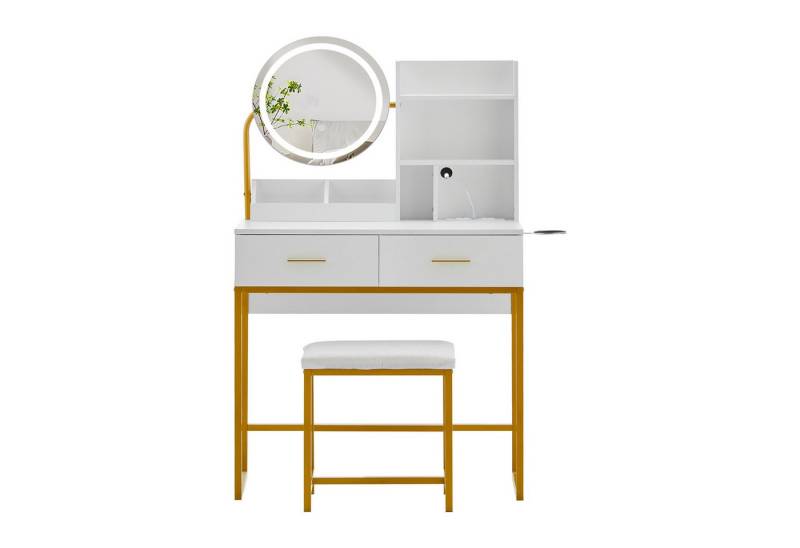 Ofcasa Schminktisch Runder Spiegel Kosmetiktisch Set (Tablett mit Ständer), 2 Schubladen, mit Ladestation und Haartrocknerhalterung, Inkl. LED von Ofcasa