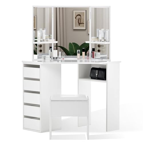 CLIPOP Schminktisch mit 3 Spiegeln Eckschminktisch Frisiertisch Kosmetiktisch mit 5 Schubladen und Gepolsterte Samt Hocker Großer Moderner Frisierkommode Weiß von CLIPOP