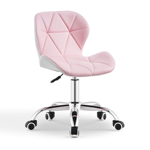 CLIPOP Bürostuhl ohne Armlehne, Drehstuhl 360°, Schreibtischstuhl mit Rollen, höhenverstellbar, bis 120 Kg belastbar, für Arbeitszimmer, Schlafzimmer, Homeoffice, Schminkbereich, Rosa+Weiß von CLIPOP
