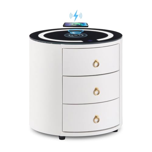 CLIPOP Smart Nachttisch mit Kabellose Ladestation und Verstellbare LED Licht, Holz Rund Nachtschrank mit 3 Schubladen, Leucht Weißes Gehärtete Glasplatte für Schlafzimme Wohnzimmer Weiß von CLIPOP