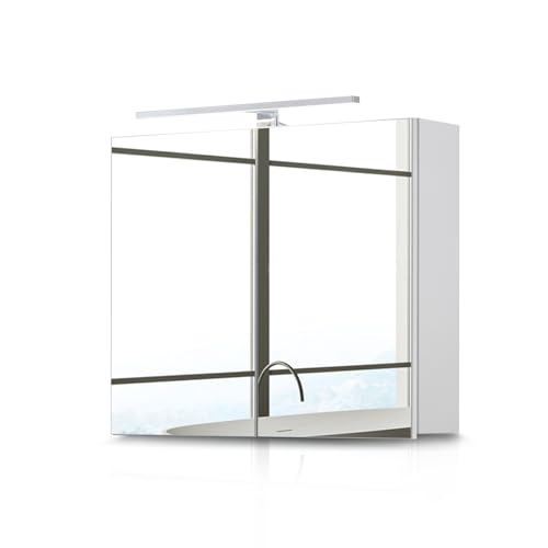 CLIPOP Spiegelschrank mit LED Beleuchtung, Badezimmerschrank Wandschrank mit 2 Türen, 6 höhenverstellbare Hartglasplatten, Badezimmer mit Spiegel und Aufbewahrungsregalen, Badschrank 70x60x16cm Weiß von CLIPOP
