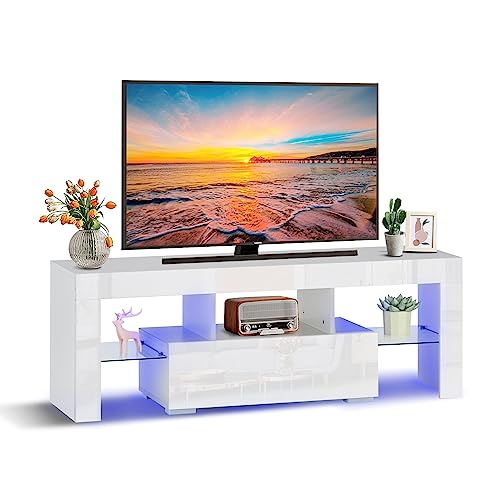 CLIPOP TV Schrank mit LED-Beleuchtung Lowboard Weiß,Fernsehschrank Cabinet mit Glasregal und Hochglanz TV Unterschrank Möbel Tisch Fernseher Regal,130 x 35 x 45 cm von CLIPOP