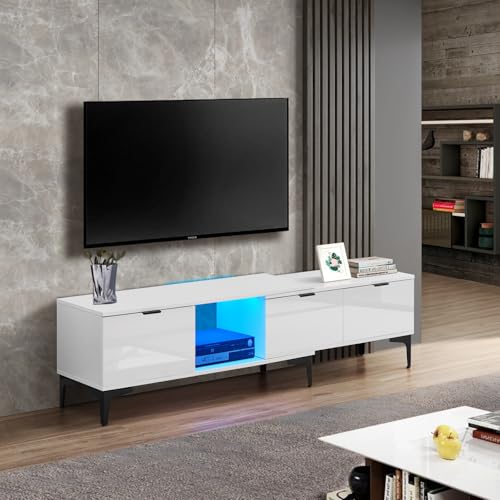 CLIPOP TV Schrank mit LED-Leuchten, Hochglanz Ausziehbar Fernsehtisch mit 3 Schubladen, 120-170 cm lang, für Wohnzimmer, Esszimmer, Schlafzimmer, weiß von CLIPOP