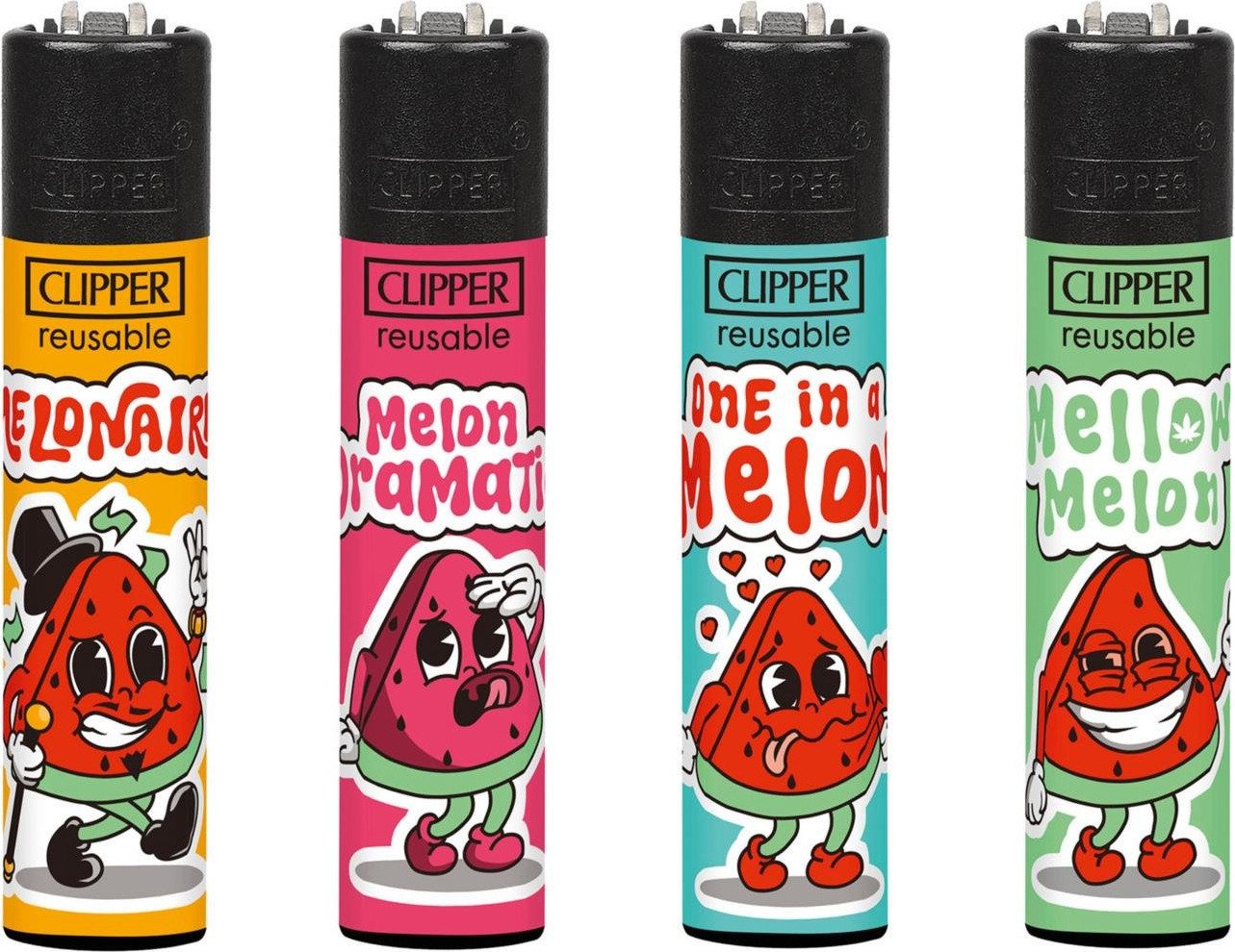 CLIPPER Feuerzeuge 4 Stück im Set, lustig mit Spruch Melon Moods (4-St), nachfüllbar & wiederverwendbar von CLIPPER