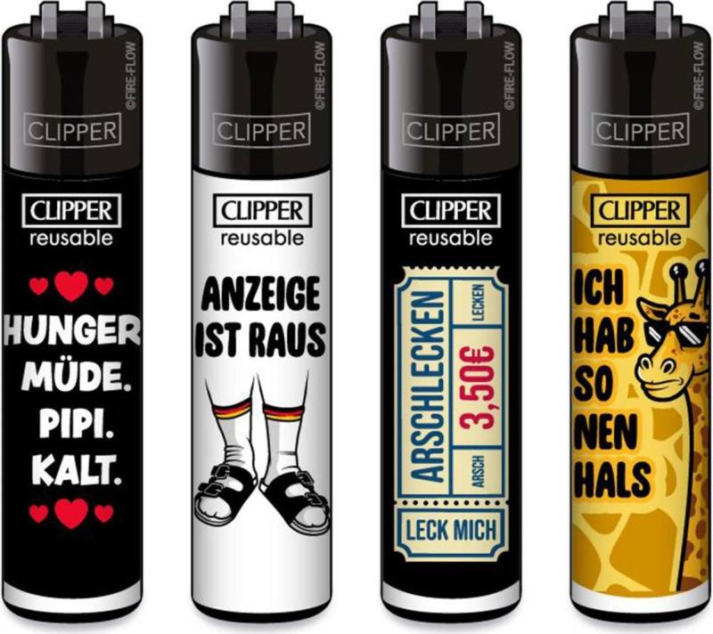 CLIPPER Feuerzeuge 4 Stück im Set mit Spruch nachfüllbar & wiederverwendbar (4-St), Original Clipper Feuerzeuge im Set mit Spruch "hunger,müde,pipi,kalt" von CLIPPER