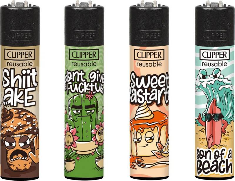 CLIPPER Feuerzeuge 4 Stück im Set mit Spruch nachfüllbar & wiederverwendbar (4-St., 4), Original Clipper mit Spruch: Stammtisch, Wurst, Grillen, Tofu, Fucktus von CLIPPER
