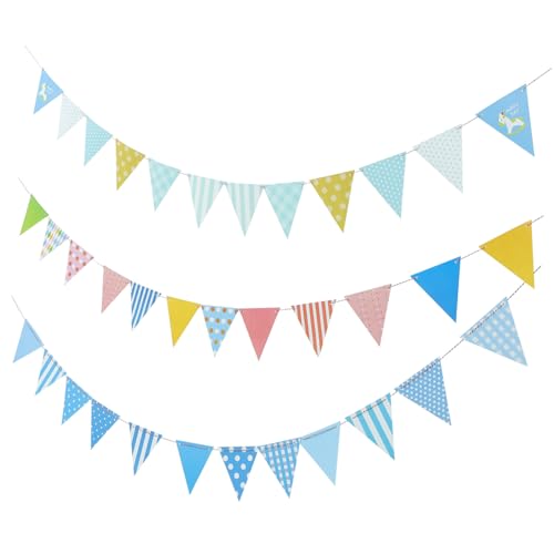 CLISPEED 3 Sätze Papier Dreieck Wimpelkette Geburtstagsparty Dekoration Leichte Hängende Papierbanner mit Blau Kariert Holzpferd und Gepunktetem Design Indoor Outdoor Partydeko für Jungen von CLISPEED