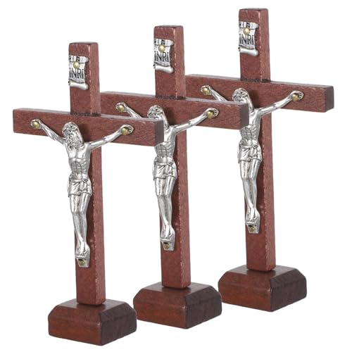 CLISPEED 3 Stück Teiliges Holz-kruzifix mit Sockel Stehendes Katholisches Kreuz Langlebige Religiöse Wand Tischdekoration für Kirche Zuhause Taufe Wohnzimmer Spirituelle Holz-Kreuz-deko von CLISPEED
