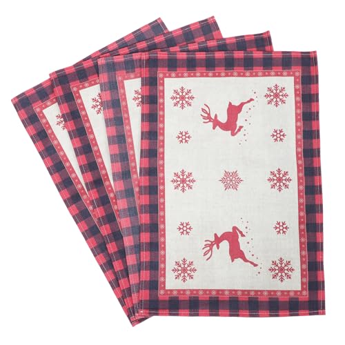 CLISPEED 4 Stück Teiliges Weihnachts Tischset aus Baumwolle Leinen mit Schwarz Karomuster und Rentierdruck Kreative Tischdecke und Platzsets für Restaurant und Festtagsdeko Praktische von CLISPEED