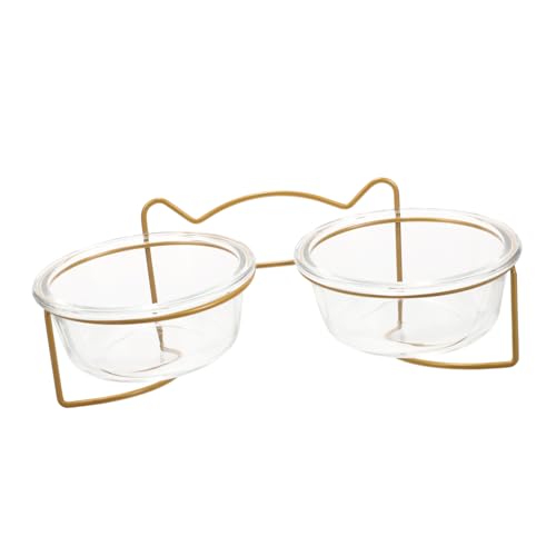 CLISPEED Futternapf für Katzen Geneigter Doppelnapf mit Weißem Lackiertem Eisenrahmen und Glas rutschfest Spülmaschinenfest Ergonomisch für Gesunde Halswirbelsäule und Einfache Reinigung von CLISPEED