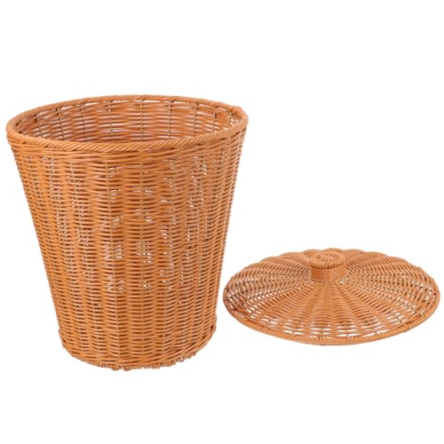 CLISPEED Imitat Rattan Aufbewahrungskorb mit Deckel Runder Korb Multifunktionaler Wäschekorb und Abfalleimer für Schlafzimmer Platzsparend und Vielseitig Einsetzbar von CLISPEED
