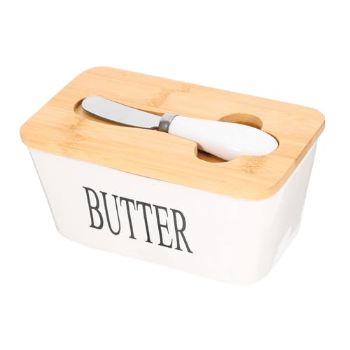CLISPEED Keramik Butterdose mit Holzdeckel und Schneidefunktion Butter Aufbewahrungsbox für Kühlschrank Käsebehälter Frischhaltedose für Butter und Käse Praktisches Teiliges von CLISPEED