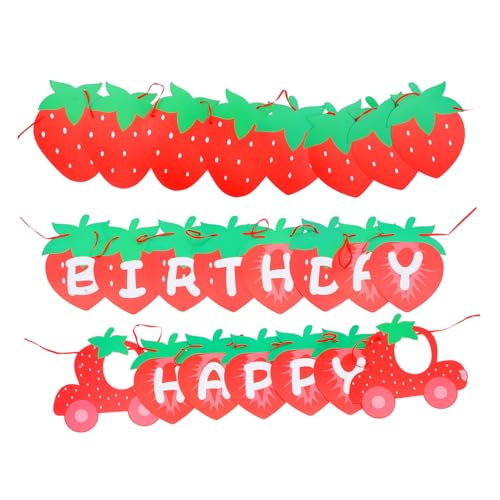 CLISPEED Strawberry Happy Birthday Banner Erdbeer Deko Wimpelkette für Früchte Themen Party Papier Dekoration Wiederverwendbar Einfach Aufhängbar für Erdbeer Geburtstag Feier von CLISPEED