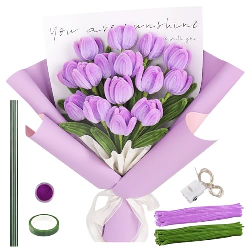 CLIUNT 200 Stück Pfeifenreiniger Blumen Set, Pfeifenputzer zum basteln, Tulpe Blumenstrauß Pfeifenreiniger Set, blumen mit Band und Blumenstäbe für Muttertag Graduation Deko Abschluss Deko von CLIUNT