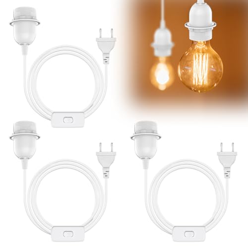 CLIUNT E27 Lampenfassung Mit Schalter und Stecker, 3 X Fassung Mit Kabel für Lampenaufhängung, Pendelleuchte, Hängeleuchte - Weiß von CLIUNT