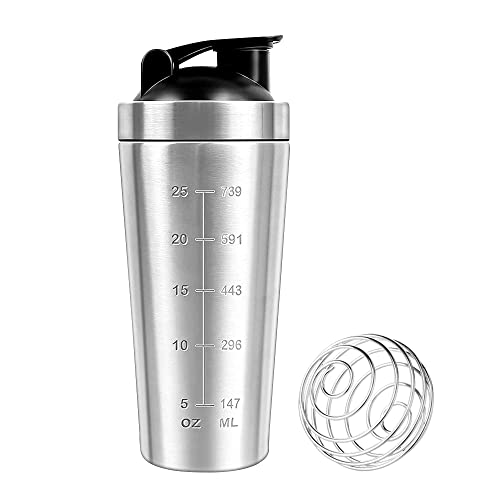 CLIUNT Protein Edelstahl Shaker, 750ml Sport Fitness Protein Shaker, Protein Shaker Edelstahl, Fitness Eiweiß Shaker, mit Rührkugel aus Edelstahl, für Eiweiß, Diät und Fitness Shakes, Silber von CLIUNT