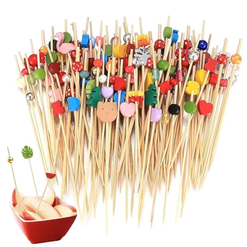 200 Stück Holz Zahnstocher mit Niedlicher Deko, Spieß Zahnstocher Aus Holz, 12cm Cocktail Sticks, Bambus Cocktailspieße Zahnstocher für Bar Kuchen Party Und Geburtstag Party Obstspieß Cocktail Deko von CLKE