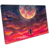 Bezaubernde Mondlit Fantasie Mädchen Auf Mondschaukel Wand Kunst Leinwand Für Haus & Büro Dekor von CLKPrintArt