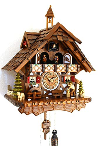 CLOCKVILLA HETTICH UHREN Schwarzwälder Kuckucksuhr Fachwerkhaus Quarz beweglicher Holzhacker Musik von CLOCKVILLA HETTICH-UHREN