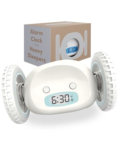 CLOCKY Lauter Wecker Digital Wecker Laut für tiefschläfer Erwachsene Jugendliche Lustig für schwerhörige schwere Schläfer auf Rädern Weglaufen Fahrender Springen Wegrollen Lustiges Geschenk (Weiss) von CLOCKY