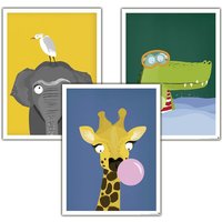 Close Up - Kinderzimmer Poster Afrika 3er-Set, 30 x 40 cm Giraffe, Krokodil und Elefant von CLOSE UP