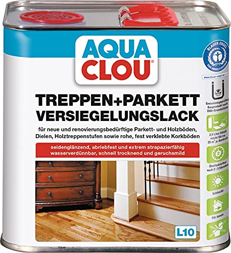 Aqua Clou Treppen- und Parkett Versiegelungslack 2,5L: Anwendung auf neuen Holzböden und im Rahmen der Renovierung für Dielen, Holz-Treppenstufen sowie Korkböden von CLOU