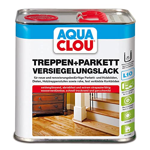 Aqua Clou Treppen- und Parkett Versiegelungslack 2,5L: Anwendung auf neuen Holzböden und im Rahmen der Renovierung für Dielen, Holz-Treppenstufen sowie Korkböden von CLOU