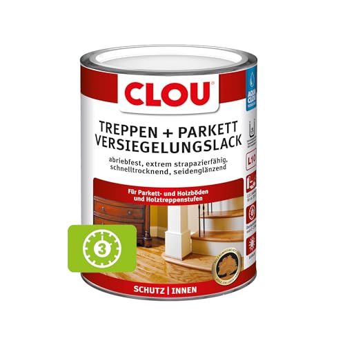 CLOU L10 Aqua Treppen + Parkett Versiegelungslack: Lack für neue Holzböden und Renovierungen, Dielen, Holztreppenstufen, Korkböden - abriebfest, wasserverdünnbar, seidenglänzend, 2,5 L von CLOU