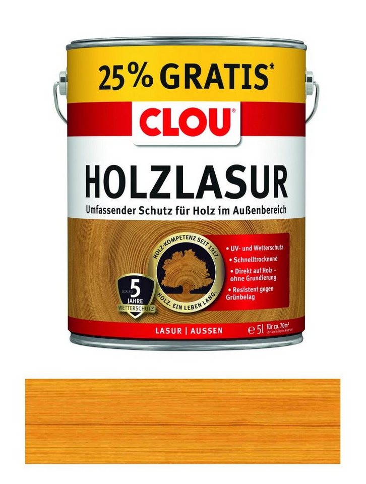 CLOU Holzschutzlasur CLOU Holzlasur Allwetterschutz 5 Liter Farbwahl 5 Jahre Wetterschutz, Direkt auf Holz - ohne Grundierung, Resistent gegen Grünbelag CLOU Holzschutzlasur CLOU Holzlasur Allwetterschutz 5 Liter Farbwahl 5 Jahre Wetterschutz, Direkt auf Holz - ohne Grundierung, Resistent gegen Grünbelag von CLOU