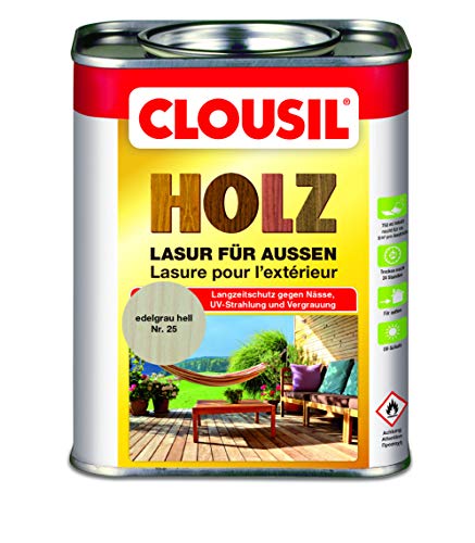 CLOUsil Holzlasur Holzschutzlasur für außen sedelgrau hell Nr. 25, 0.75L: Wetterschutz, UV-Schutz, Nässeschutz und Schimmel für alle Holzarten - in verschiedenen Farben von CLOU