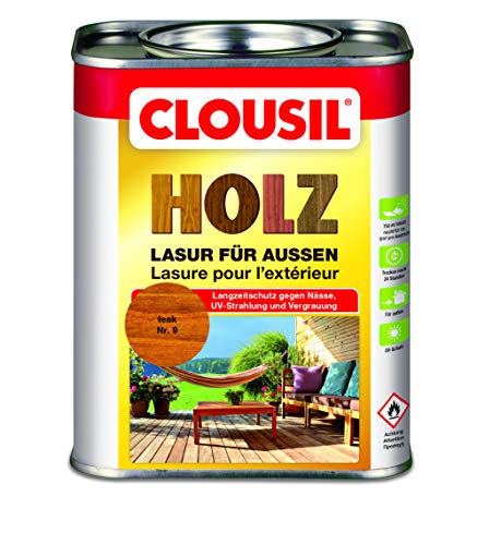 CLOUsil Holzlasur Holzschutzlasur für außen teak Nr. 9, 0.75L: Wetterschutz, UV-Schutz, Nässeschutz und Schimmel für alle Holzarten - in verschiedenen Farben von CLOU