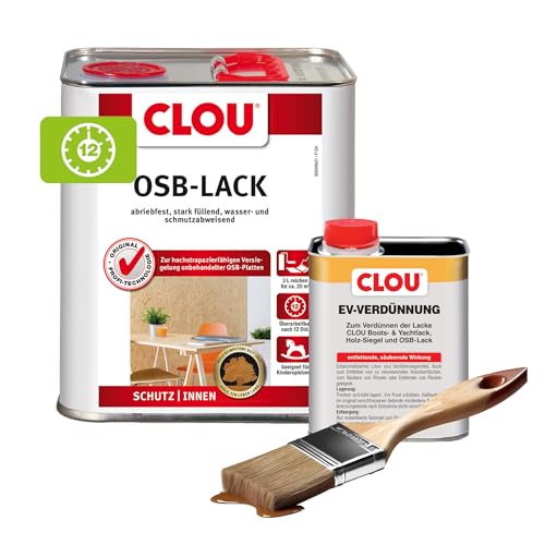 Clou OSB Lack: Seidenglänzender Holzlack zur Versiegelung von OSB-Platten, 3L + Clou EV-Verdünnung 750ml von CLOU