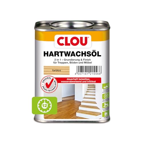 Clou Hartwachsöl farblos: Strapazierfähiges Holzöl für Innenbereiche, 2 in 1 Grundierung & Finish für Arbeitsplatten, Parkett, Treppen und Möbel im Innenbereich, 2,5 L von CLOU